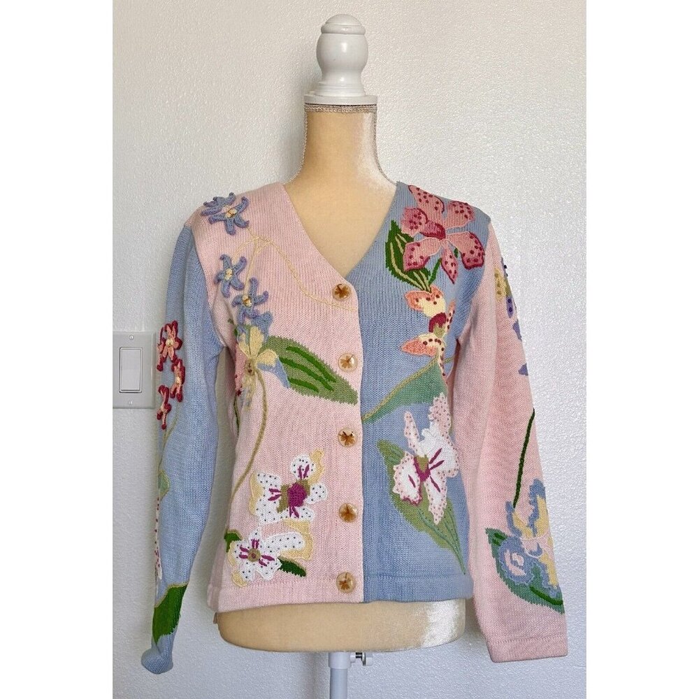 VTG J Two New York Collectibles Colorful Orchids Knitted Sweater Womens Sz Small